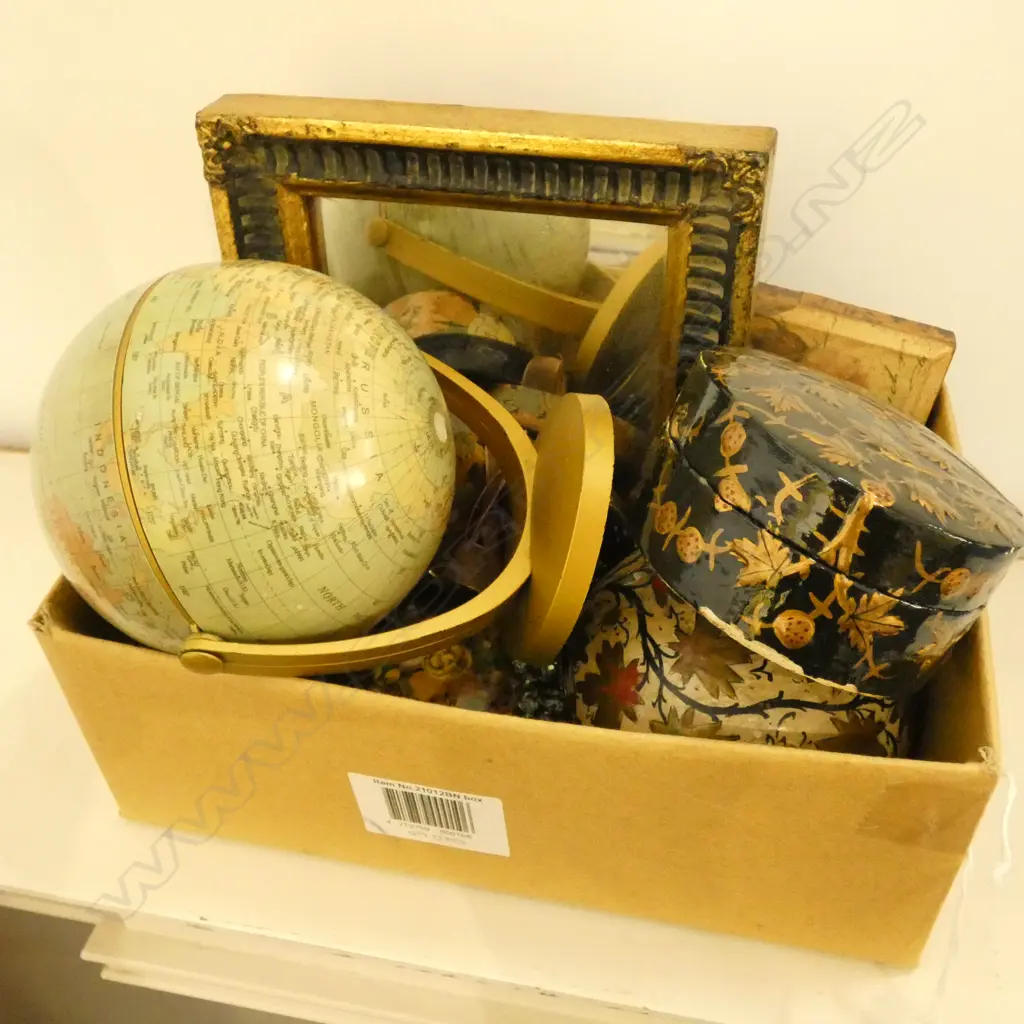 COLLECTION OF PAPIER MACHE BOXES, GLOBE, COSTUME JEWELLERY  Image 1++