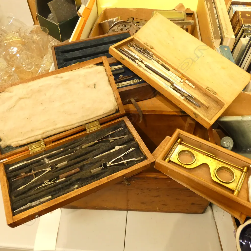 ASST. DRAWING INSTRUMENTS IN WOODEN BOXES + STEREOSCOPIC MAPMAKER'S GLASSES (NO LENSES) Image 1++