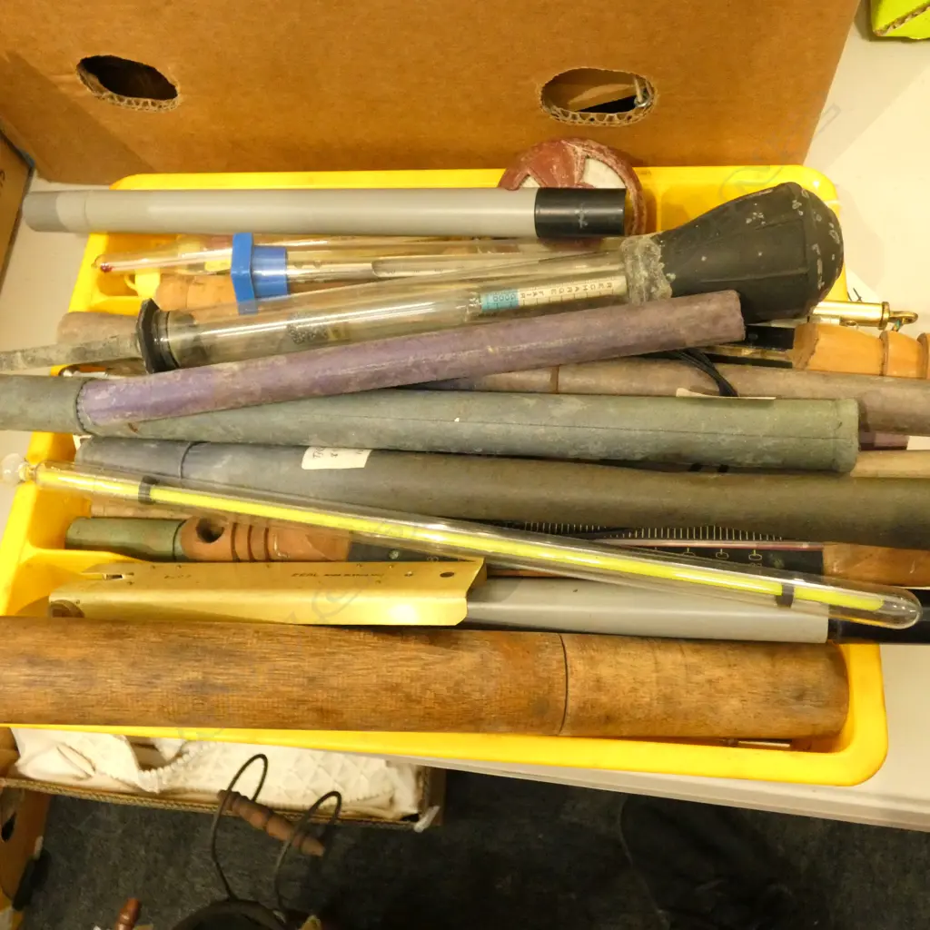 2 BOXES OF SMALL WOODEN PULLEYS, THERMOMETERS, SMALL INSTRUMENTS, ETC Image 1++