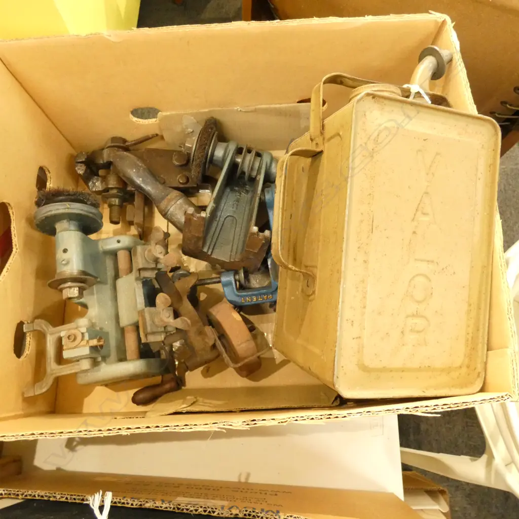 BOX LOT ASST. VINTAGE TOOLS & VALOR PETROL CAN Image 1++