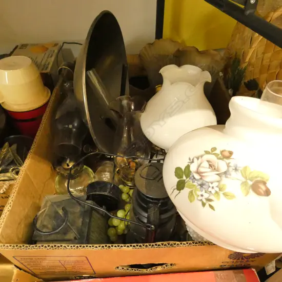 BOX LOT ASST. LANTERNS, HEAT LAMP ETC