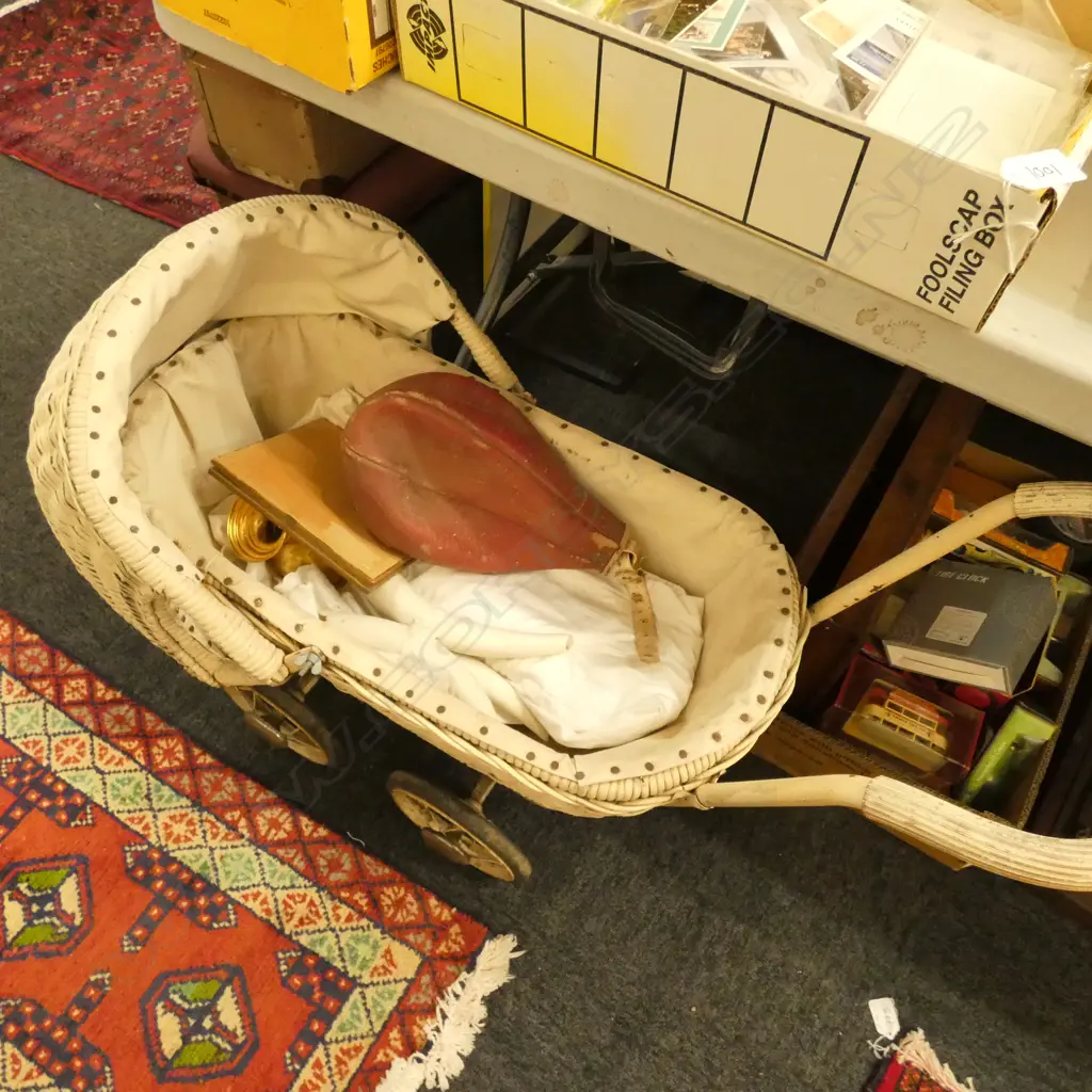 VINTAGE PRAM + VICTORIAN UNDERGARMENTS, BOXING BAG, VASE, FRAME, CUP Image 1++