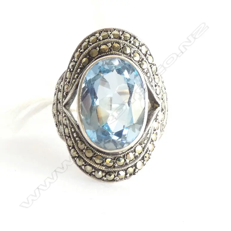 Ring, Stg Silver Marquisite and Blue (?) stone Image 1++