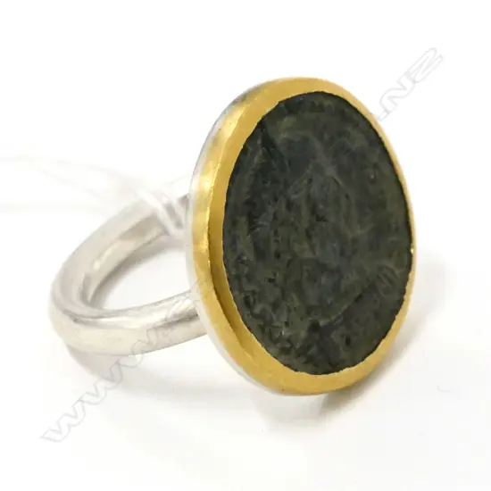 KAREN LIBERMAN 18ct GOLD SILVER & ROMAN COIN RING, IN ORIG BOX