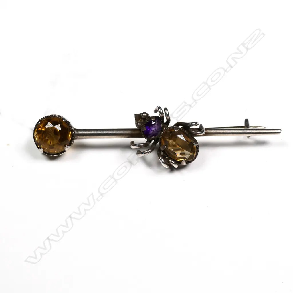 CITRINE & AMETHYST SPIDER STICK PIN BROOCH  L. 52MM Image 1++