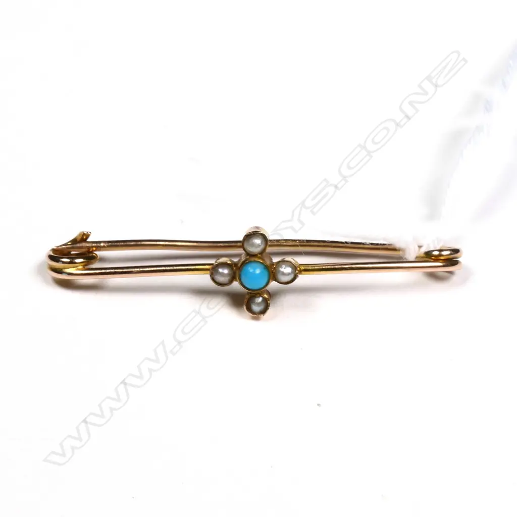 SEED PEARL, TURQUOISE & GOLD PIN  Image 1++