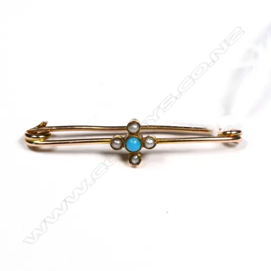 SEED PEARL, TURQUOISE & GOLD PIN 