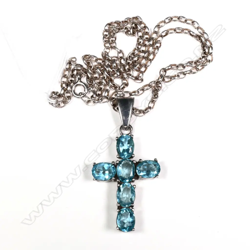 AQUA GLASS & 825 SILVER CROSS & CHAIN  Image 1++
