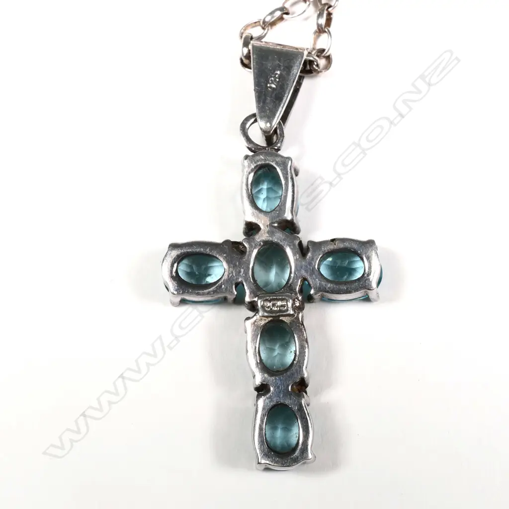 AQUA GLASS & 825 SILVER CROSS & CHAIN  Image 1++