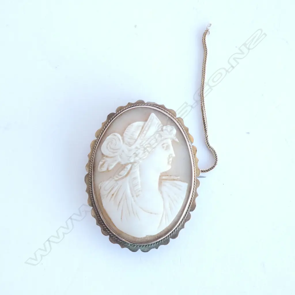 LARGE CAMEO BROOCH, 9CT GOLD FRAME & CHAIN. L. 48MM Image 1++