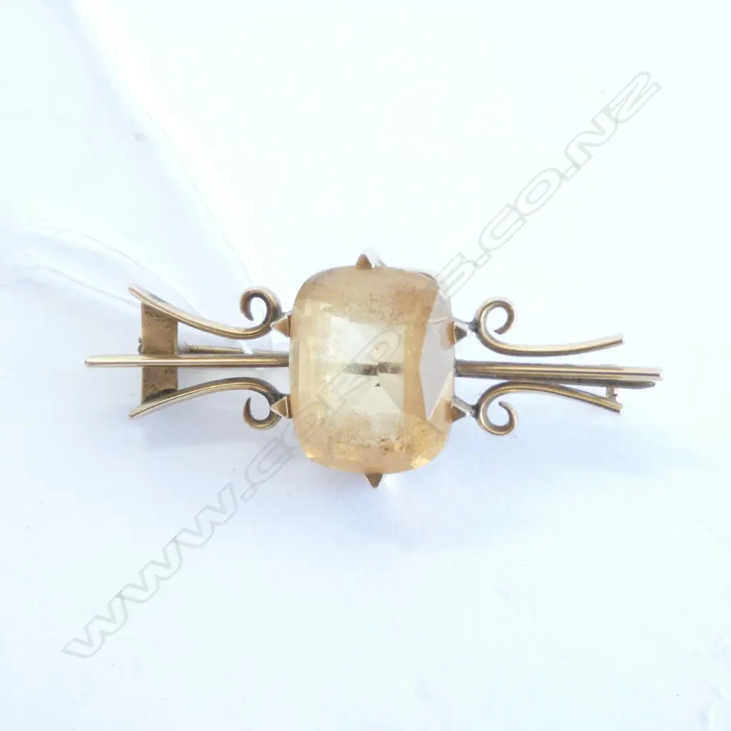 ART DECO 9CT GOLD  CITRINE ? STONE BROOCH, L. 50MM Image 1++