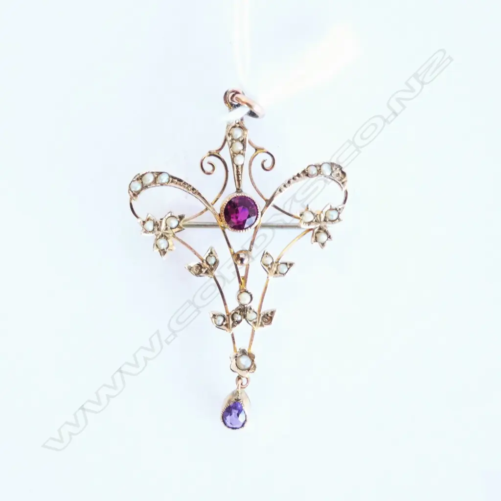 VINTAGE GOLD PLATE SEED PEARLS & 2 COLOURED STONE BROOCH, H. 50MM Image 1++