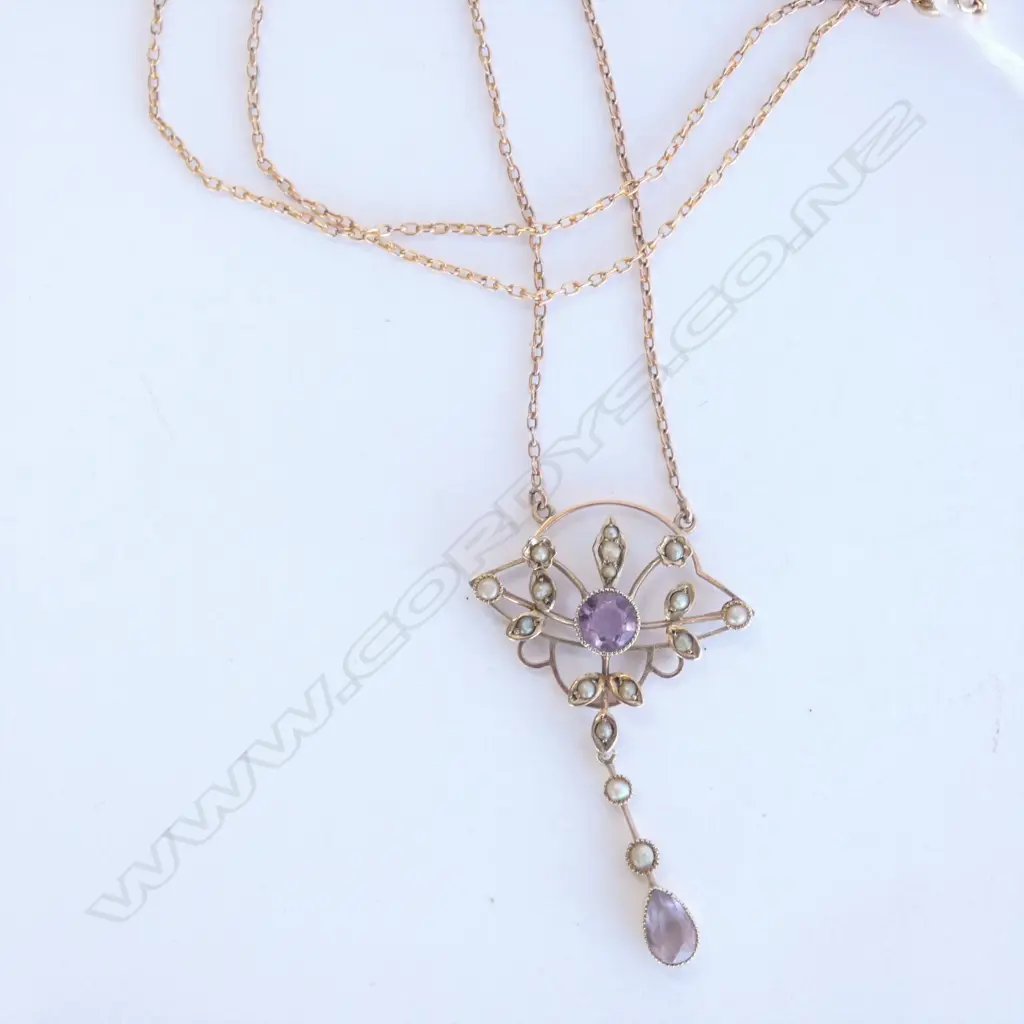 EDW GOLD SEED PEARL AMETHYST PENDANT NECKLACE(19602) Image 1++