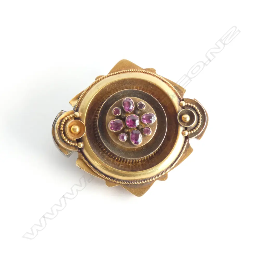 Mourning Brooch Pinchbeck and Amethysts. c1880 Image 1++