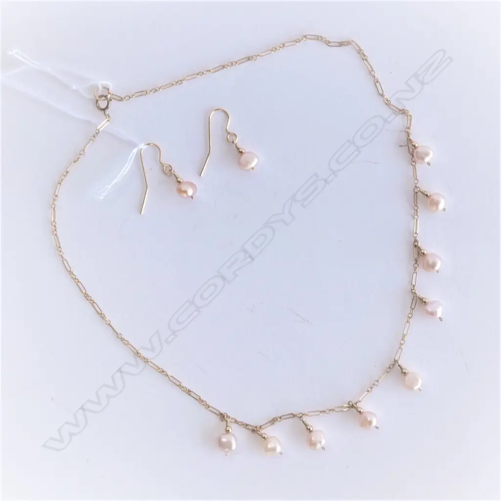 14CT GOLD PLATE GOLD FRESH WATER PEARL NECKLACE & EARRINGS Image 1++