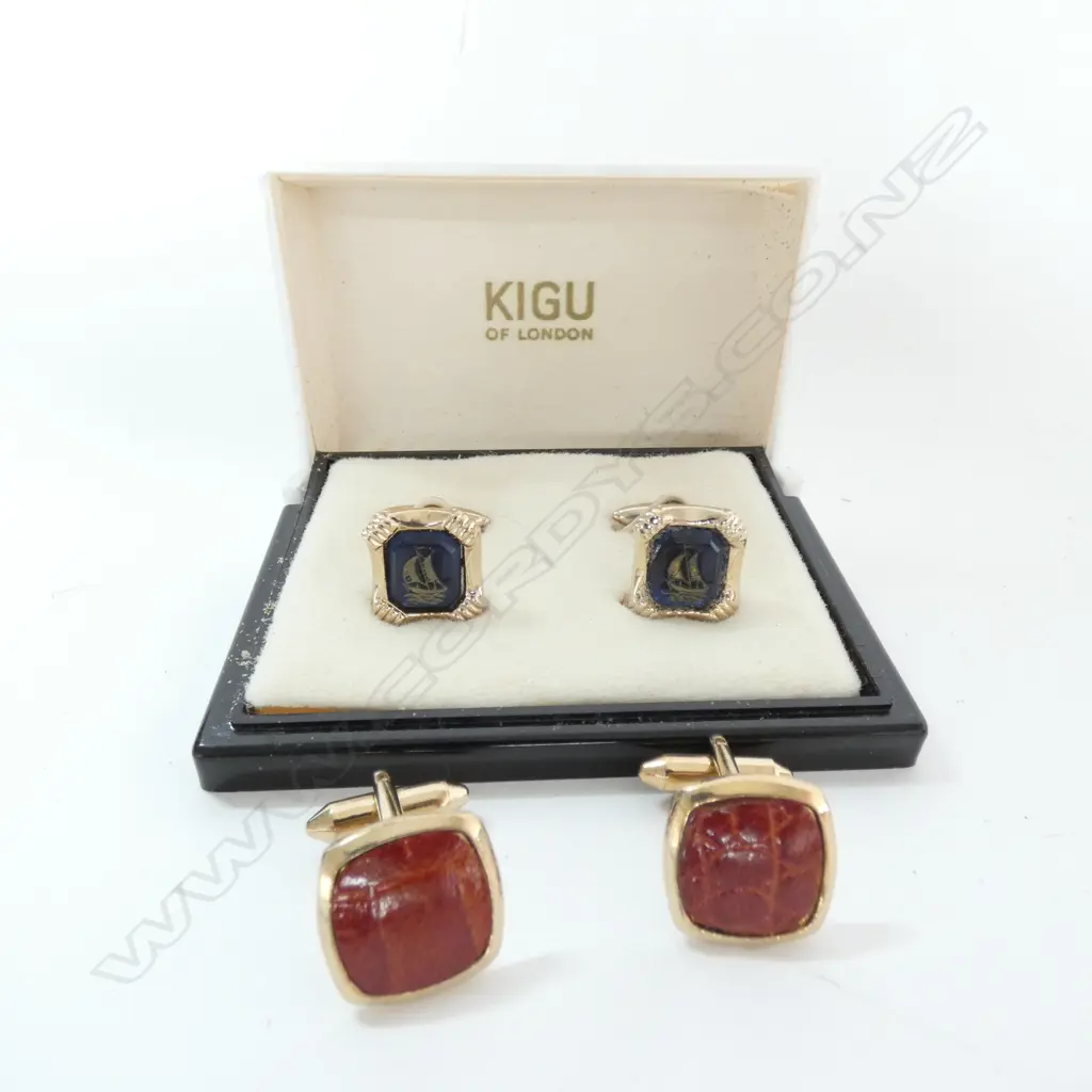 TWO PAIR CUFFLINKS, ONE KIGU BOXED, 1 LEATHER MADE IN ENGLAND Image 1++