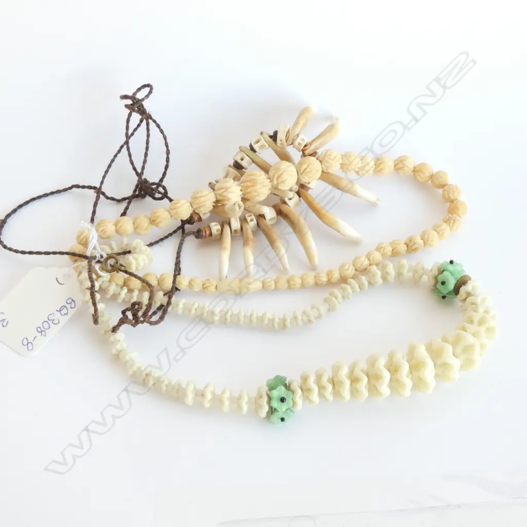 THREE NECKLACES, 1 CARVED BONE, ONE TOOTH + ONE OTHER Image 1++