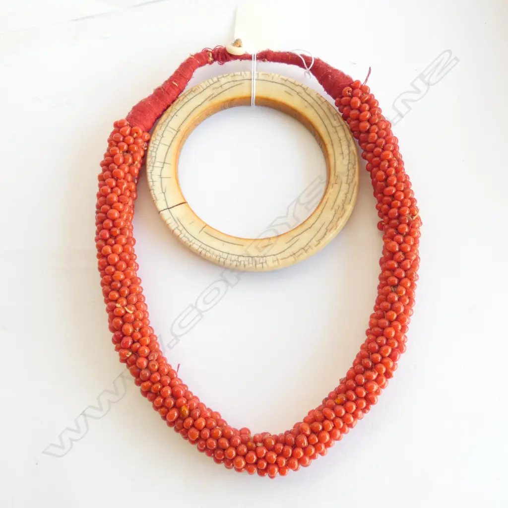 OLD IVORY BANGLE & ORANGE BEAD NECKLACE Image 1++