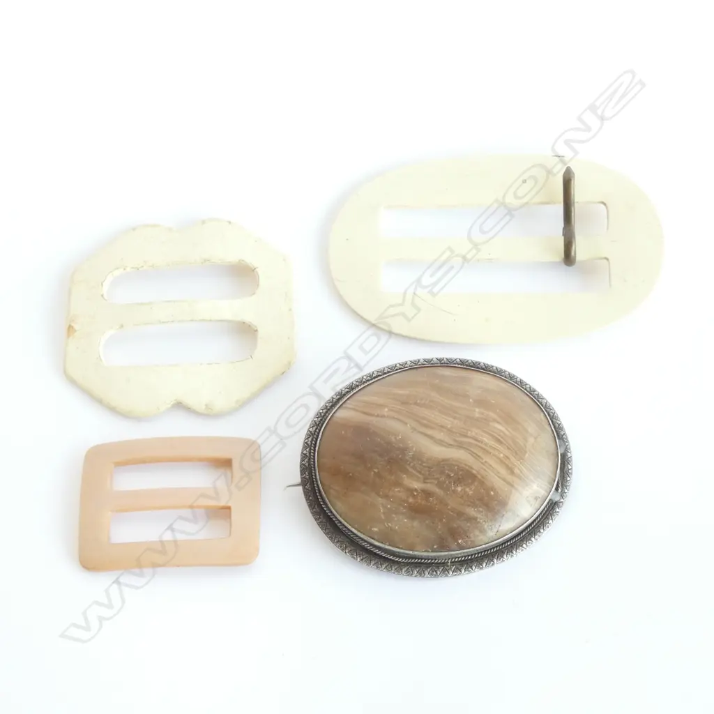  THREE OLD BELT BUCKLES & ONE STONE BROOCH Image 1++