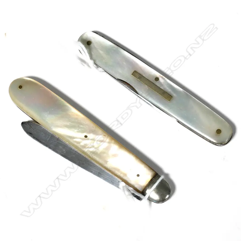 TWO POCKET KNIVES, MOP CASING, 1 STG SILVER BLADE (SHEFFIELD c1919),  1 STAINLESS Image 1++