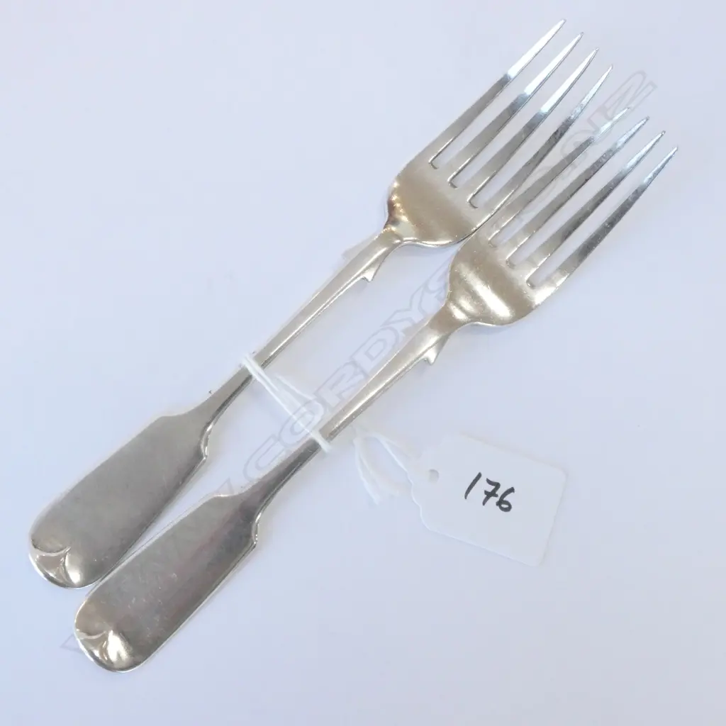 PAIR STERLING SILVER FIDDLE PATTERN FORKS, EXETER 1860, 96GMS  L. 175MM Image 1++