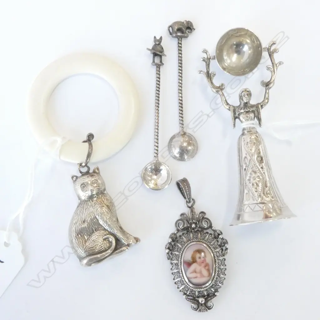 3 STG SILVER PCES; CHILDS TEETHING RING WITH CAT, FILIGREE SILVER PENDANT, DRINKING CUP + PR SPOONS  Image 1++