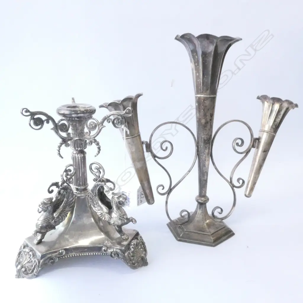 SILVER PLATE 3-DRAGON SINGLE CANDELABRA (H.220MM) & 3 STEM EPERGNE, H. 320MM Image 1++