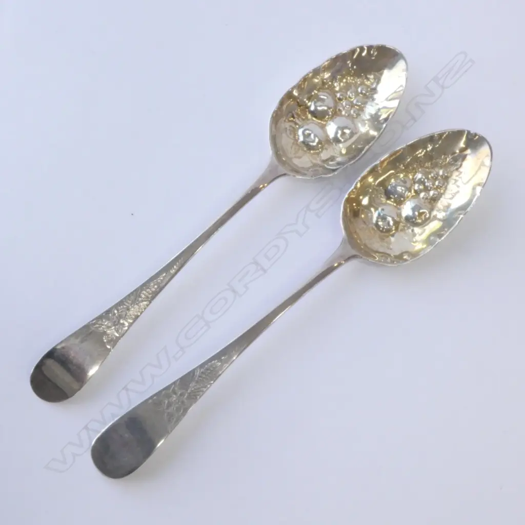 TWO STERLING SILVER BERRY TABLESPOONS, LONDON 1752, 109GMS Image 1++