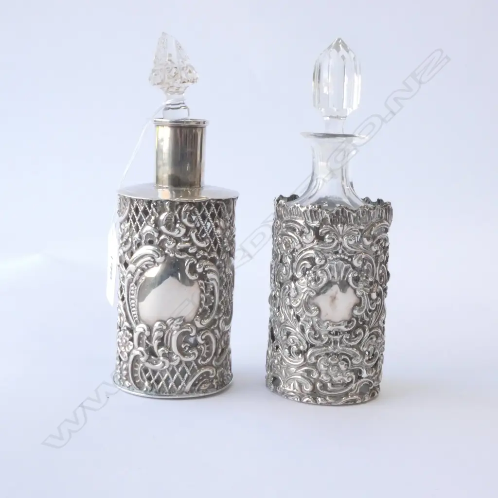 2 SILVER COVERED BOTTLES (B'HAM 1899 & 1901) ODD TOPS & SIDE SPLIT, SILVER=96gm Image 1++