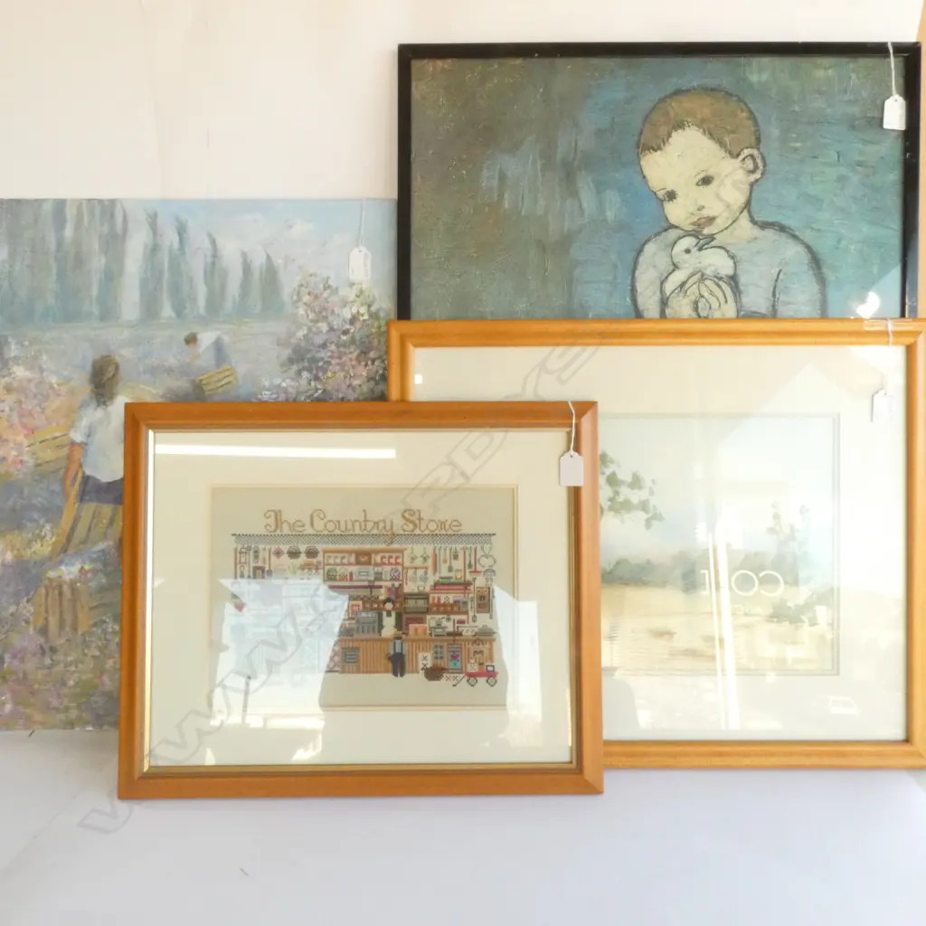 HELEN FARROW LANDSCAPE W/C, FRAMED CROSS STITCH, PICASSO PRINT, F. BROUGHTON OIL Image 1++