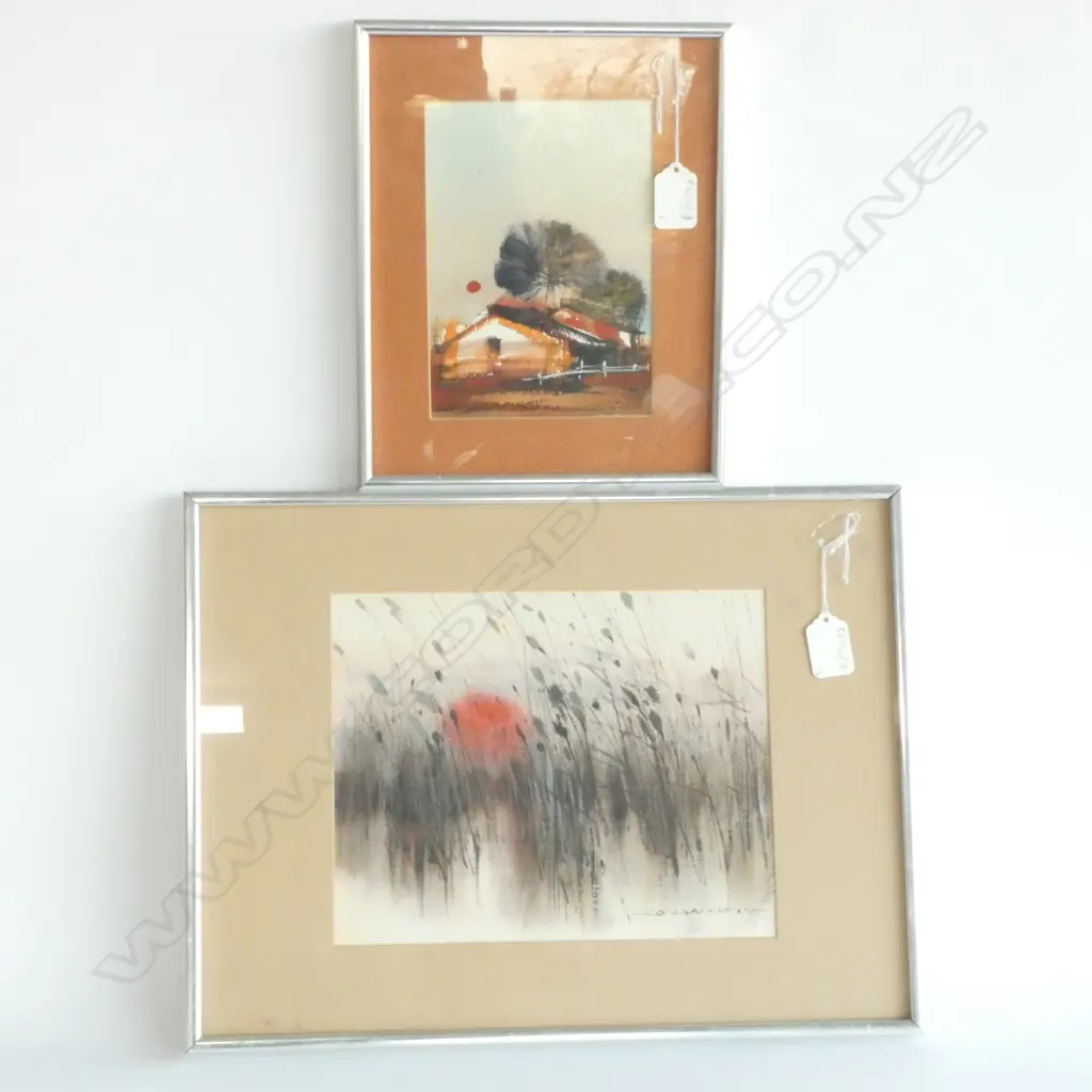 LOW WAI HIN (H.K/CANADA b.1939) W/C, SUMMER GRASS & RED SUN 195x245mm SIGNED, DATED '77 + SMALL W/C BUILDINGS & RED MOON Image 1++