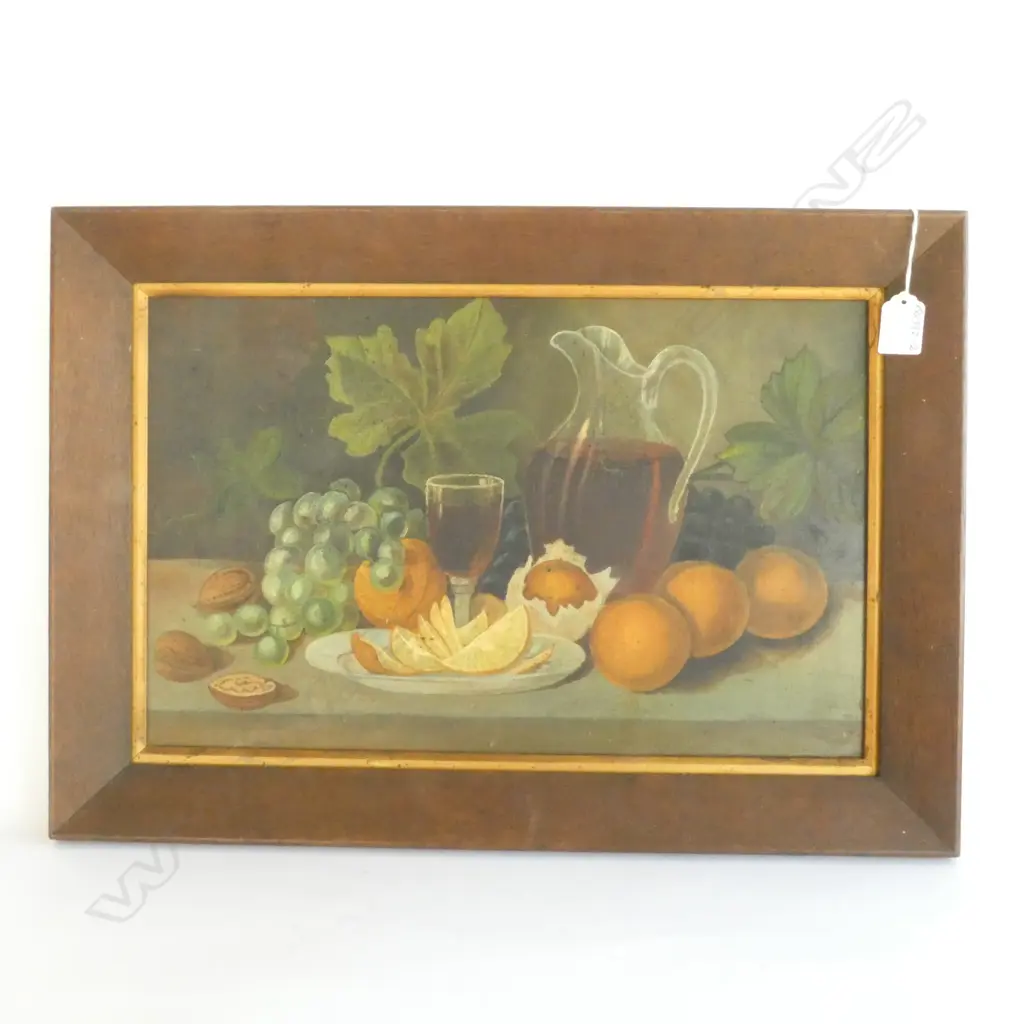 LATE 19thC OIL STILL LIFE PAINTING WINE JUG & FRUIT Image 1++