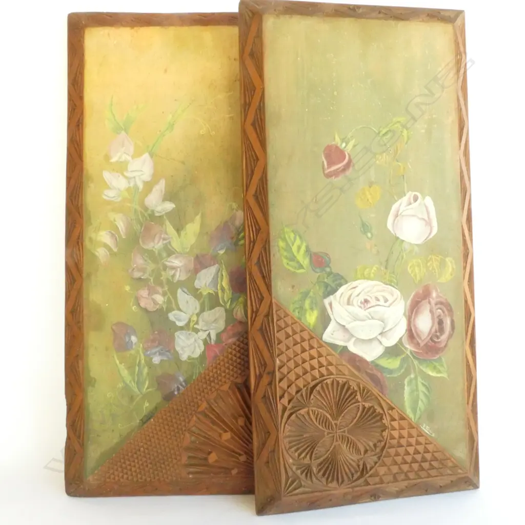 FRANCES TIZZARD PR CHIP CARVED & FLORAL PAINTED PANELS Image 1++