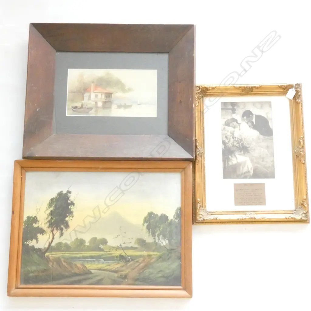 3 ARTWORKS; 'HER GIFT' PRINT, ADELINE SCOTT W/C 1910 + SIGNED LANDSCAPE Image 1++