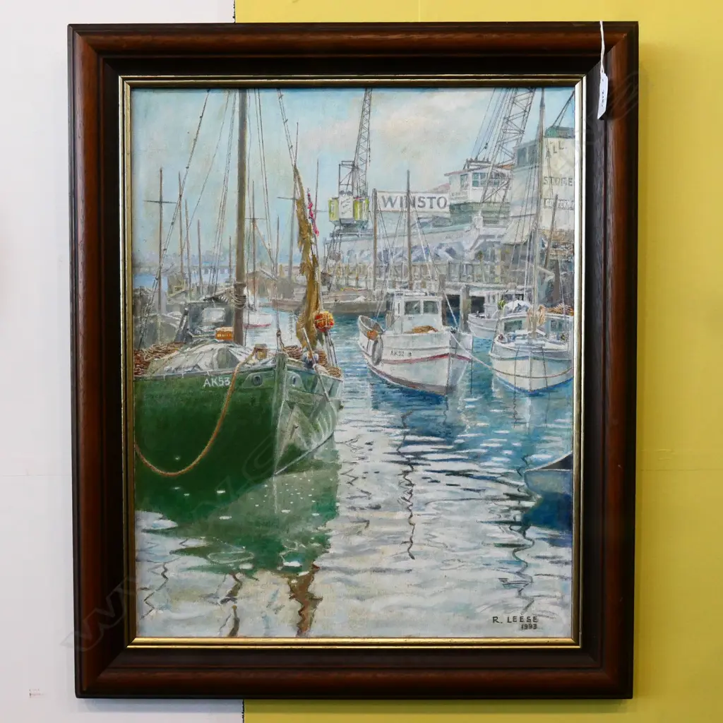 ROBERT LEESE BOATS IN HARBOUR OIL ON BOARD 485 X 390MM Image 1++