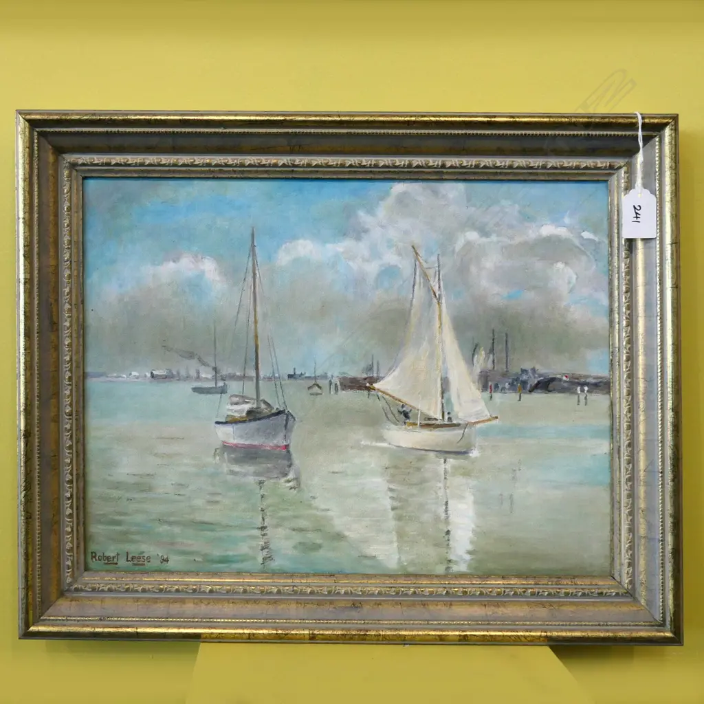 ROBERT LEESE BOATS IN HARBOUR OIL ON BOARD 285 X 390MM Image 1++