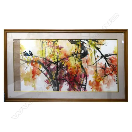 LGE ORIENTAL WATERCOLOUR SIGNED BIRDS & BLOSSOMS