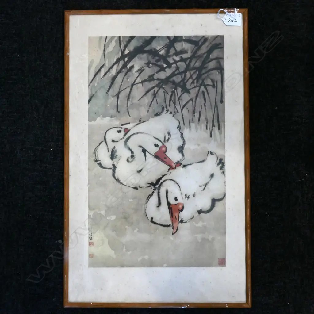 ORIENTAL WOODBLOCK PRINT OF SWANS, WITH FAUX BAMBOO FRAME, 440 X 260MM Image 1++
