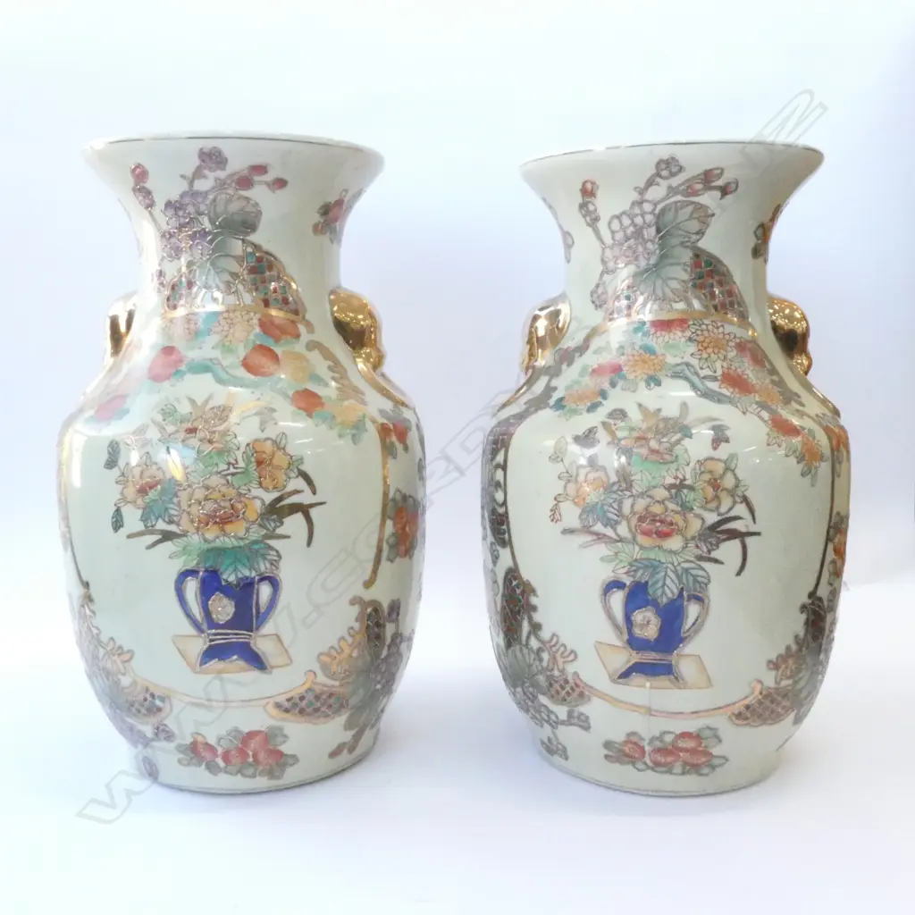 PAIR LARGE SATSUMA HAND PAINTED FLOOR VASES, H. 365MM Image 1++
