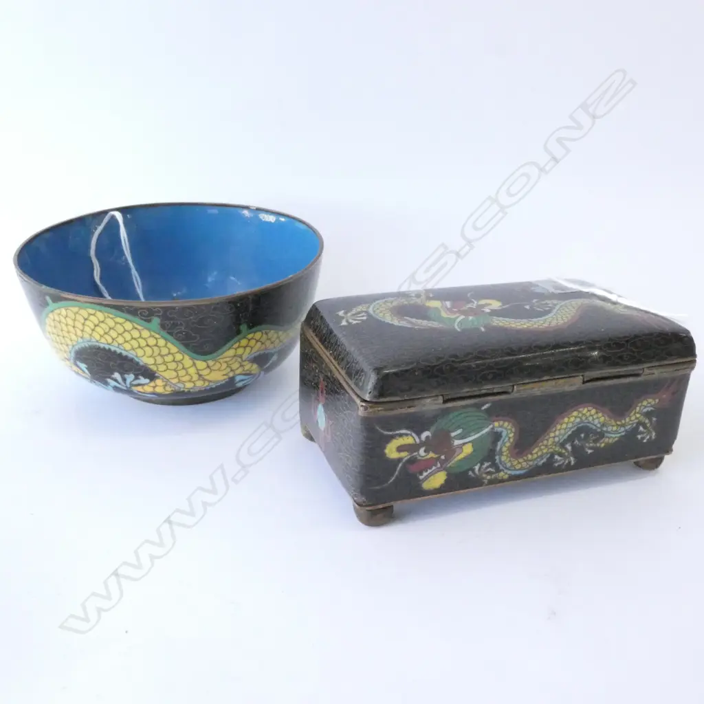 2 PCES CLOISONNE LIDDED BOX AND BOWL 110MM DIA Image 1++
