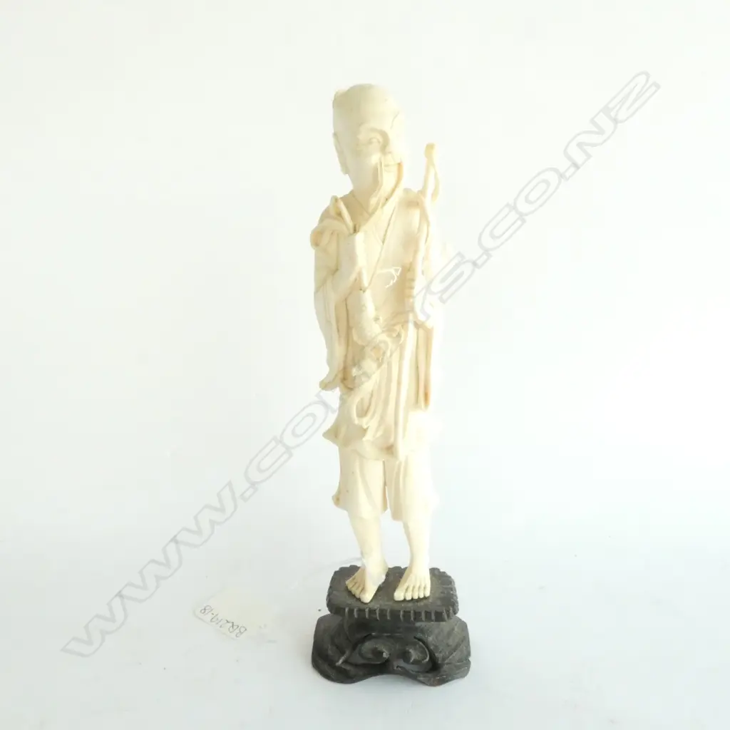 CARVED IVORY FISHERMAN ON WOOD STAND (faulted) H.220mm Image 1++