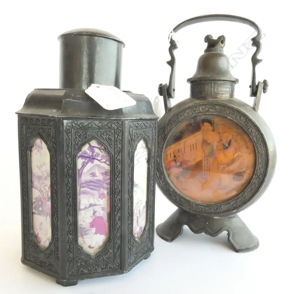 CHINESE OCTAGONAL PEWTER TEA CADDY & PEWTER TEAPOT, BOTH WITH GLAZED PANELS SET w PRINTS Image 1++