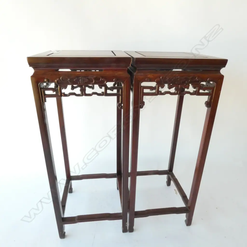 PR CHINESE ROSEWOOD VASE TABLES, (very small loss to carving). H.535mm Image 1++