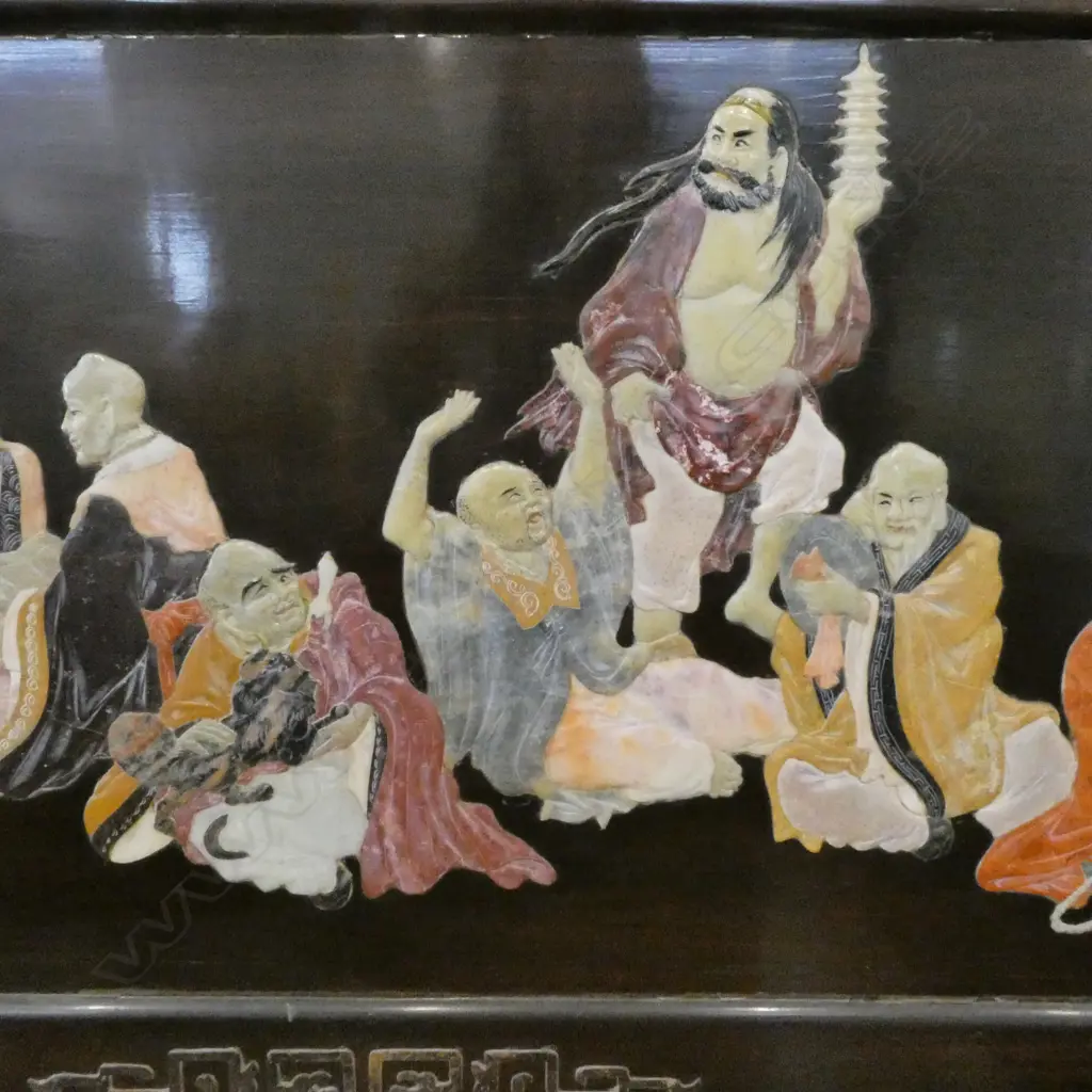CHINESE INLAID STONE AND WOOD PANEL 1130 X 510mm Image 1++