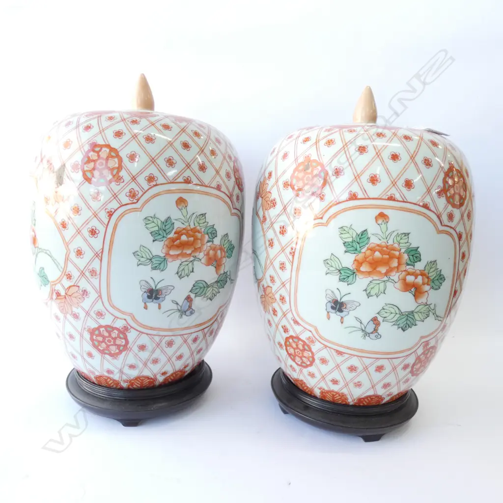 PR CHINESE PORCELAIN OVOID JARS w LIDS & WOODEN STANDS. H.370mm Image 1++