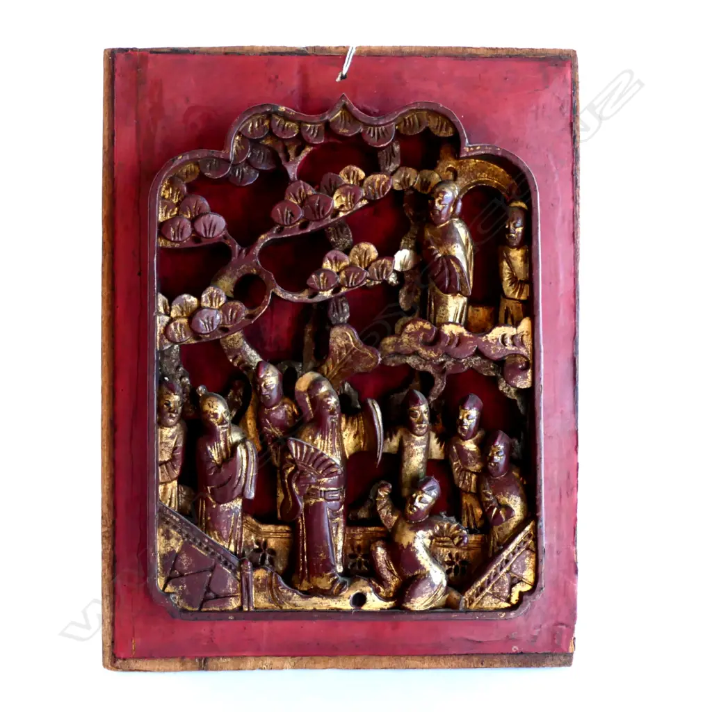 CHINESE GILDED RED LACQUER CARVED FURNITURE PANEL. 260 X 200mm Image 1++