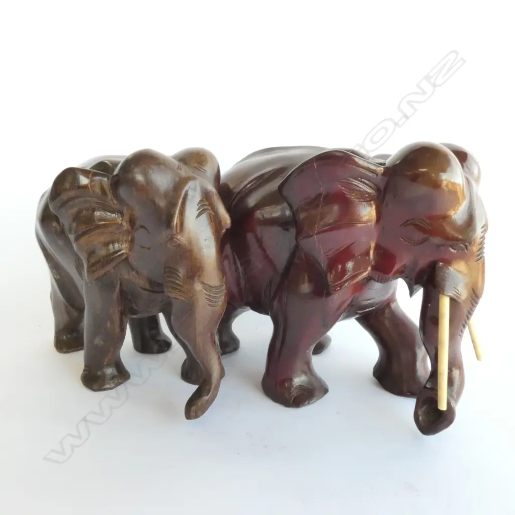 PAIR CARVED WOODEN ELEPHANTS, 1 WITH IVORY TUSKS, LARGEST H. 180MM Image 1++