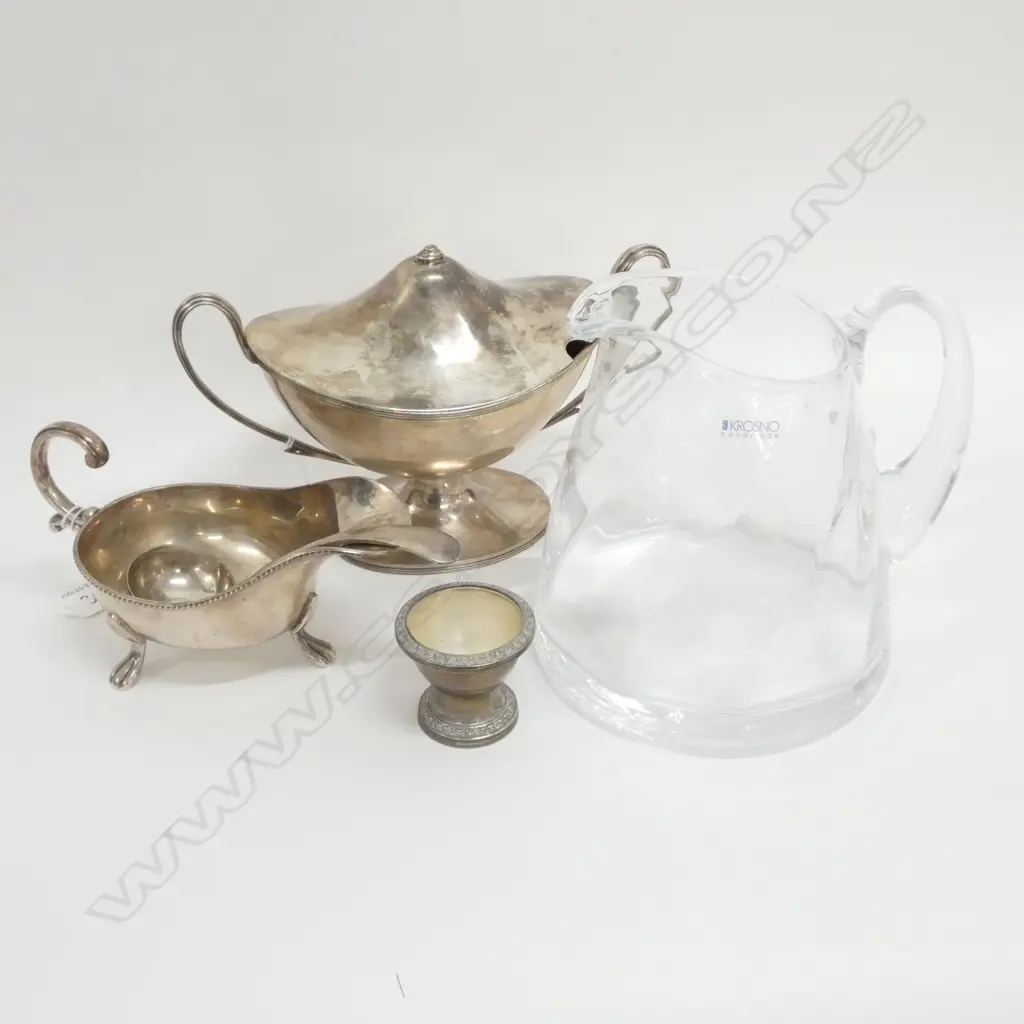 SILVER PLATE LIDDED SAUCE DISH (HANDLE MISSING ON LID), GRAVY BOAT & SPOON, SM CANDLE PIECE & GLASS KROSNO WATER JUG  Image 1++