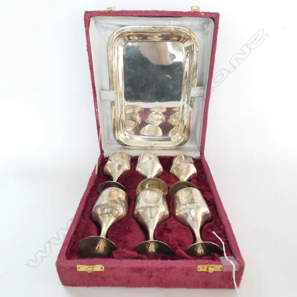 BOXED SET OF 6 WINE GOBLETS & TRAY. SILVER PLATE? Image 1++