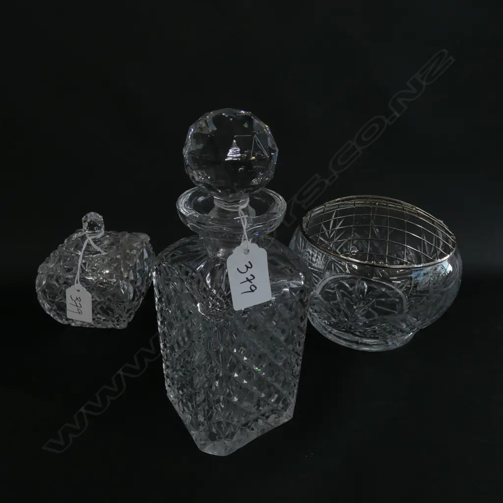 CUT GLASS ROSE BOWL, DECANTER & CRYSTAL JAM DISH Image 1++
